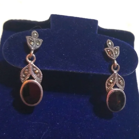 VTG Charles Winston Sterling Onyx Marcasite Dangle Earrings - Picture 2 of 5